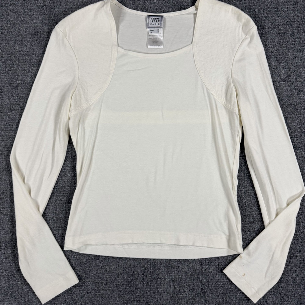 Herve Leger Top Womens XS White Long Sleeve Rayon Stretch Flaw‎ Read